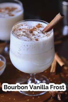 bourbon vanilla frosted drink in a glass with cinnamon sticker on the top and bottom