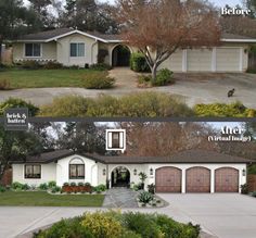 before and after photos of a house in the middle of a driveway with landscaping around it