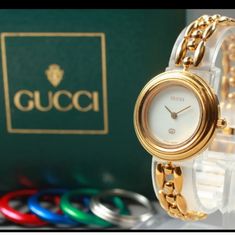 This Bracelet Is Highly Collectible And This Bracelet Is In Excellent Condition This Bracelet Is Highly Collectable And In Excellent Condition Comes With As Beautiful Classic Gucci Watch Box With Changing Bezels As Seen In Pics! Perfect Christmas Gift Will Come Beautifully Wrapped! White Dial Watch, Gold Plated Watch, Watch Set, Gucci Watch, Gucci Accessories, Gold Plated Bracelets, Watch Box, Women Wrist Watch, White Dial