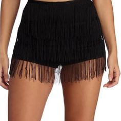 Black Fringe Shorts With A Back Zipper Closure For Dance Or Raves New Without Tags High Waist Bottoms For Club And Summer, High Waist Summer Club Bottoms, Trendy Summer Club Bottoms, Club Bottoms For Summer, Short Length, Summer Club Bottoms With Short Length, Short Bottoms For Club In Summer, High Waist Bottoms With Built-in Shorts For Date Night, Summer Shorts For Night Out, Black Bottoms For Night Out In Spring