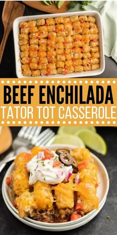 beef enchilada taco casserole on a plate with the title above it