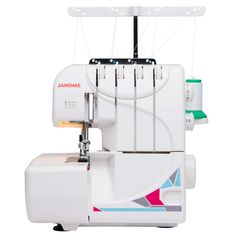 the janome sewing machine is white and has colorful designs on it's side