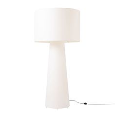 a floor lamp with a white shade on the base and a black cord attached to it