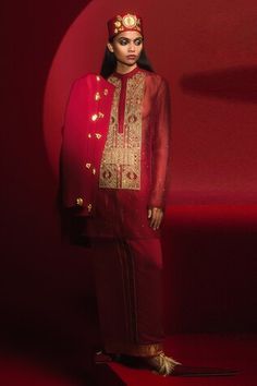 Crimson jodhpuri jacket with scattered gold plated mascot embellishments - Aza Fashions Festive Nehru Jacket With Gota Work And Long Sleeves, Festive Long Sleeve Nehru Jacket With Gota Work, Designer Sets With Gold Embroidery And Long Sleeves, Designer Long Sleeve Sets With Gold Embroidery, Designer Long Sleeve Outerwear For Festivals, Traditional Gold Outerwear For Festive Occasions, Red Long Sleeve Bandhgala For Designer Wear, Gold Long Sleeve Outerwear For Festivals, Festive Red Long Sleeve Bandhgala