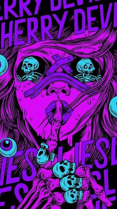 a poster with skulls and eyeballs on the front, in blue and purple colors