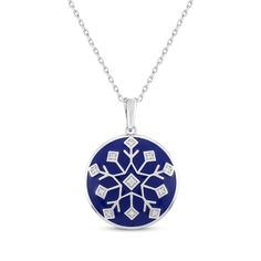 Create your own winter wonderland with this glistening snowflake necklace. Sterling silver White lab-created sapphires shimmer on the dark blue enamel disc pendant 18-inch cable chain with lobster clasp Blue Snowflake Sterling Silver Necklace, Blue Necklace For Christmas Gift, Snowflake Jewelry, Snowflake Necklace, White Lab, Disc Pendant, Accessories Jewelry Necklace, Necklace Sterling Silver, Cable Chain