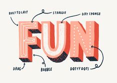 the words fun are written in different font styles and colors, including letters that appear to be