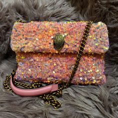 Nwot Kurt Geiger Kensington Peach Velvety Material Purse Bag Crossbody Covered In Multi Color Reflective Sequins. Inside Is A Pink Peachy Color Leather Along With Their Classic Black Lining. Includes Dust Bag As Shown. Size Is Medium Using Their Sizing Names. Measures 8 1/2 X 6 X 3 Inches. Medium Purse, Large Hobo Bag, Bow Bag, Body Stickers, Black Crossbody, Kurt Geiger, Purse Bag, Quilted Leather, Leather Hobo