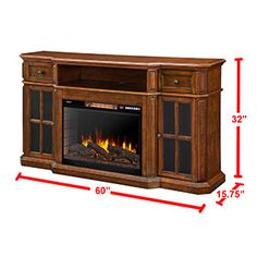 an entertainment center with a fireplace in the middle and measurements for each piece of furniture