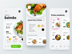 three mobile screens showing food items and the menus displayed on one screen, including salad