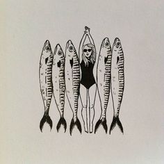 a woman in a bathing suit standing between five fish with her hands on her hips