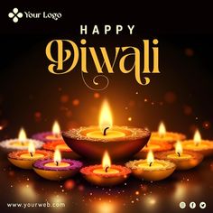 happy diwali greeting card with lit candles