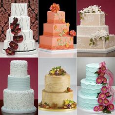 many different types of wedding cakes on display