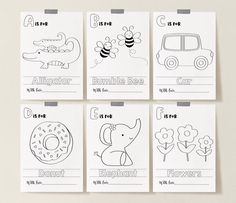 four printable coloring pages for children with pictures of animals, bees, and flowers