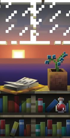 a book shelf with books and a plant on it in front of a window at sunset