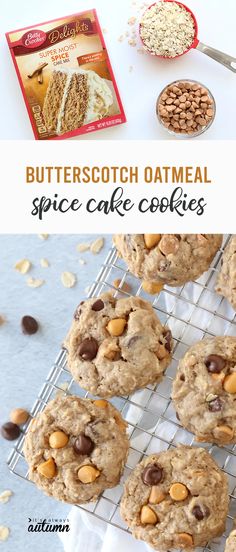 butterscotch oatmeal spice cake cookies on a cooling rack with nuts