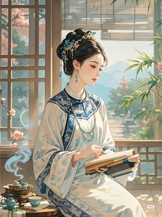 a painting of a woman in traditional chinese dress reading a book while sitting on a bench