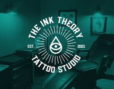 the ink theory tattoo studio logo on a dark green background with black leather recliners