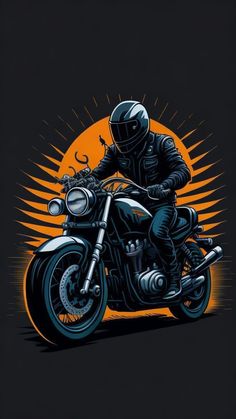 a man riding on the back of a motorcycle with an orange sun in the background