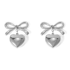 Cute Earrings Silver, Ear Curation, Outfit Female, Gold Heart Earring, Earrings Heart, Bow Jewelry, Heart Dangle Earrings, Fashion Portfolio, Bow Earrings