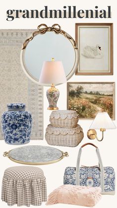 a collage of blue and white items with the words grandmilnial on it