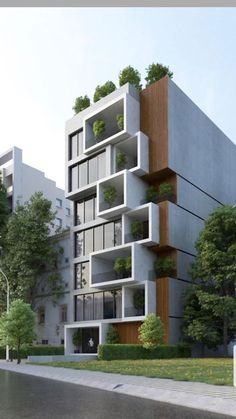 an artist's rendering of a building with plants growing on the balconies