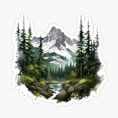 the mountains are covered in pine trees and water sticker on a white background, with an image of a river running through it