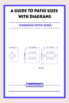 a guide to patio sizes with diagrams for the common patio size measurements, including tables and chairs