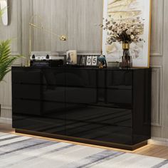 a black dresser sitting next to a plant in a living room on top of a rug