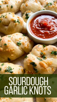 this is an image of sourdough garlic knots with ketchup on the side