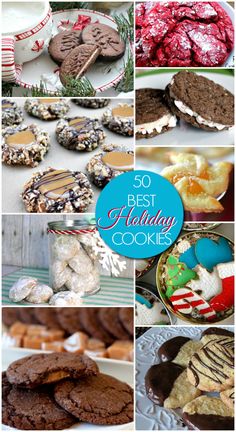 the collage shows different types of cookies and pastries in various pictures with text overlay that reads, 50 best holiday cookies