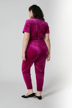 Women's Hibiscus Pink Velour Jumpsuit - RachelAntonoff.com Casual Pink Jumpsuits And Rompers For Lounging, Pink Fitted Short Sleeve Jumpsuit, Pink Relaxed Fit Jumpsuit For Loungewear, Pink Short Sleeve Casual Jumpsuits And Rompers, Pink Short Sleeve Casual Jumpsuit, Casual Pink Short Sleeve Jumpsuits And Rompers, Velour Jumpsuit, Deep Pink, Quilted Bag