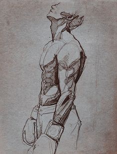 a drawing of a man with his back turned to the side, holding a bag