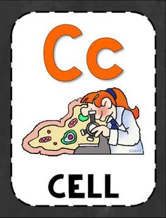 the letter c is for cell with an image of a woman looking at a piece of pizza