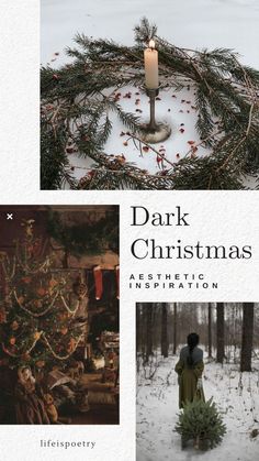 the cover of dark christmas, featuring a candle and a wreath in the snow with other images