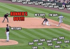 a baseball player standing on top of a field next to home plate with the words runner's out