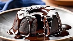 a chocolate bundt cake on a plate covered in icing and drizzled with chocolate