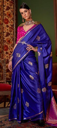 Blue color Saree in Satin Silk fabric with Weaving, Zari work Luxury Blue Banarasi Silk Salwar Kameez, Indigo Traditional Wear For Wedding With Cutdana Details, Indigo Wedding Traditional Wear With Cutdana, Indigo Wedding Dupatta With Pallu Detail, Indigo Dupatta With Pallu For Wedding, Wedding Indigo Dupatta With Pallu, Indigo Traditional Wear For Wedding And Festivals, Blue Traditional Wear With Drape For Reception, Blue Zari Work Blouse Piece For Celebration