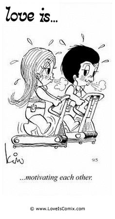 a cartoon drawing of two girls on a stationary bike with the caption love is motivating each other