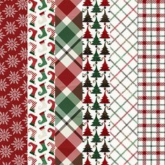 four different plaid patterns with christmas trees and snowflakes on the bottom one is red, white and green