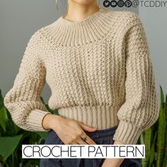 a woman is wearing a sweater and holding her hands in her pockets, with the text crochet pattern on it