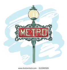 an old fashioned street sign with the word metro on it's side and a lamppost