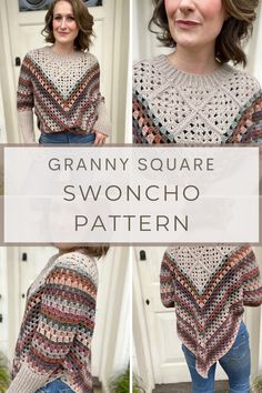 This easy granny square poncho pattern can be made with or without sleeves for either a sweater style (known as a swoncho) or traditional poncho look with a fringe! ​ ​With a simple and elegant feel and super easy construction it’s a great beginner crochet pattern using the traditional granny stitch to start making garments with. Get the free granny square crochet pattern here! Crochet Granny Square Sweater Layout, Granny Square Christmas Sweater, Crochet Granny Stitch Sweater, Crochet Swoncho, Crochet Granny Square Jumper, Granny Square Sweater Pattern Free, Cape Diy, Granny Square Poncho