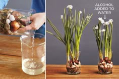 two photos side by side, one with water and the other with flowers in vases