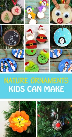 some ornaments are hanging from a christmas tree with the words nature ornaments kids can make