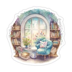 a watercolor painting of a blue chair in front of a window with bookshelves and flowers