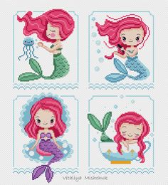 the little mermaids cross stitch pattern is shown in four different styles and colors, including pink