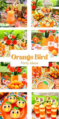 an orange bird themed birthday party is featured in this collage with images of food and decorations