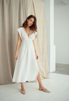 "Linen long nightwear with \"antique\" design laces at front and back neck. Gown elasticated below bust. Pure and eco gown for multiple occasions such as wedding or honeymoon. Linen fabric is prewashed and softened and should not shrink any more. Gown length from shoulder till bottom - 51\" (129.5cm). Article is machine washable with handwashing program with gentle detergents and no bleachers, do not use dryer and iron while damp. After each washing linen fabric becomes softer and brighter. CARE V-neck Maxi Dress With Lace Trim For Wedding Night, Wedding Night V-neck Maxi Dress With Lace Trim, Empire Waist Dress For Wedding Night In Summer, White Sleeveless Maxi Dress For Loungewear, Linen Sleepwear, Linen Robe, Gown Bridal, Buy Linen, Gift For Wedding