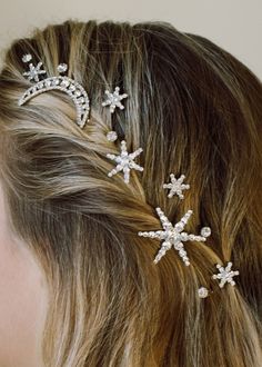 Supernova Bobby Pin Set – Jennifer Behr LLC Silver Hair Clip, Luxury Hair Accessories, Jennifer Behr, Celebrity Hair Stylist, Festival Hair, Bobby Pin, Luxury Hair, Crystal Stars, Bridal Hair Pins